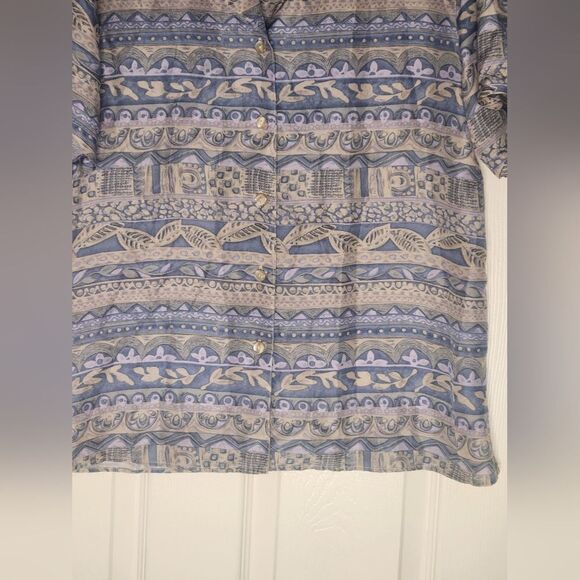 Dressbarn L Gray Blue Shrtslv Floral Print Striped Button Up Women Blouse Shirt - Picture 4 of 7